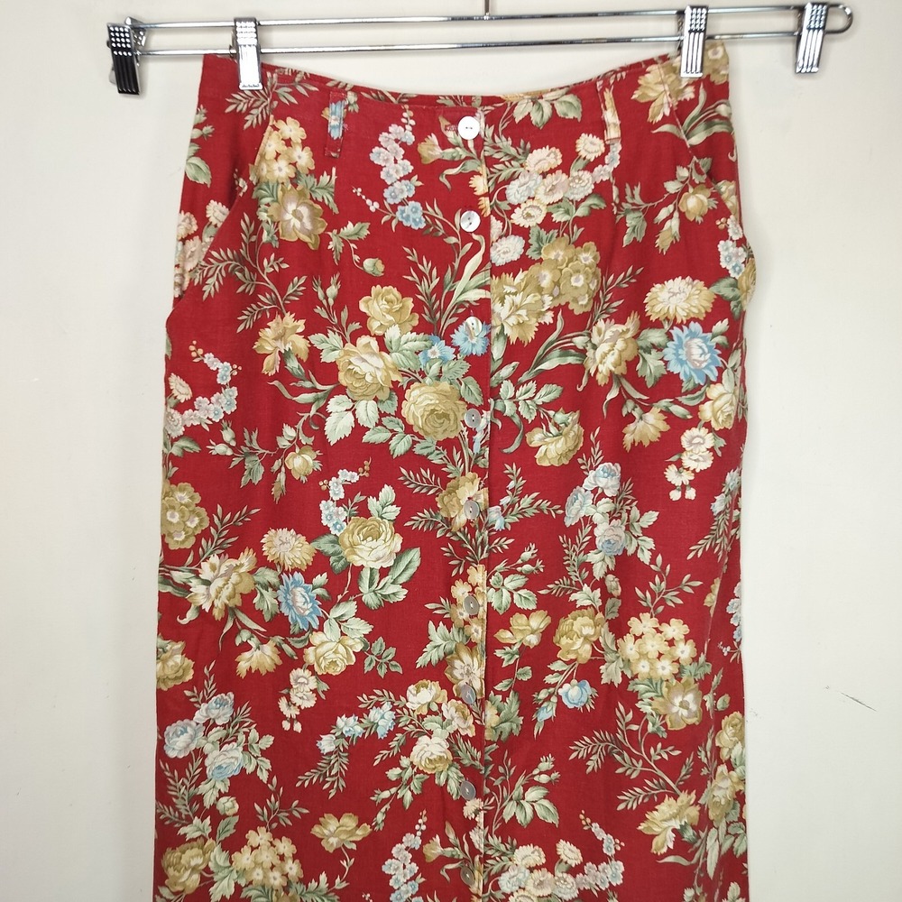 Orvis Vintage Maxi Skirt Red Garden Floral Linen Blend Button Up - Picture 2 of 12